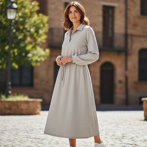 Vtg Long Sleeve Tie Waist Knit Midi Dress in Gray Lavender